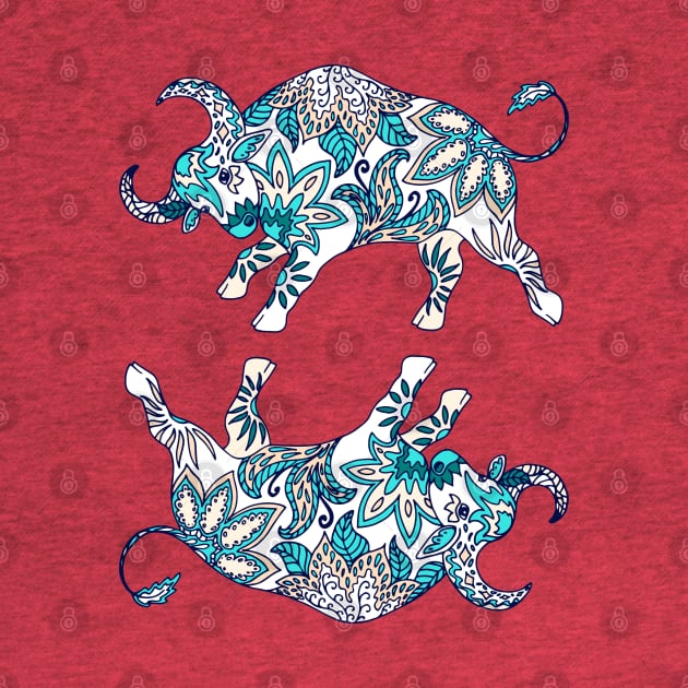 Paisley Oxen (Coral and Teal Palette) by illucalliart